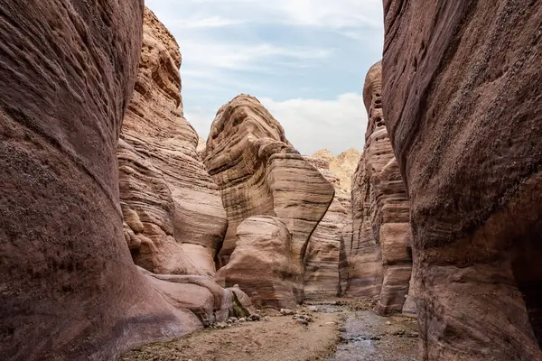 A shallow stream flows between rocks painted with beautiful natural patterns at the beginning of the Wadi Numeira hiking trail in Jordan