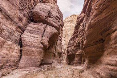 Ürdün 'deki Wadi Numeira vadisinde yürüyüş yolunun sonunda duvarlarında güzel desenler olan yüksek kayalar arasında küçük sığ bir dere akıyor.
