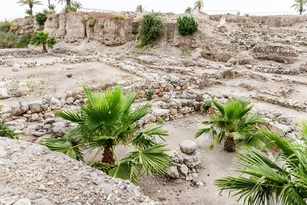 stock image Remains of stone walls of city buildings at excavation of Canaanite Fortifications of the Megiddo site near the Yokneam city in the northern Israel