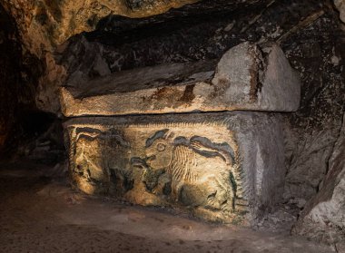 İsrail 'in kuzeyindeki Kiryat Tivon şehrinin yakınlarındaki Beit Shearim Mezarlığı' nın antik mezarlığına taş oyulmuş aslanlar.