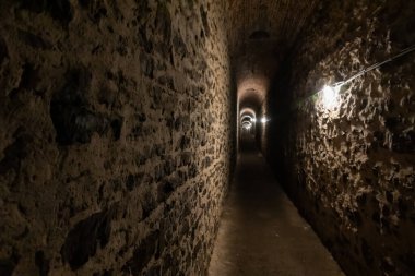 Çek Cumhuriyeti 'nin Prag bölgesindeki Vysehrad bölgesindeki kale duvarlarının altından geçen dar bir taş tünel.