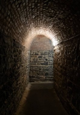 Çek Cumhuriyeti 'nin Prag bölgesindeki Vysehrad bölgesinde kale duvarlarının altından geçen dar taş tünelin köşesi.