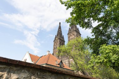 Çek Cumhuriyeti 'ndeki Vysehrad Prag' daki Aziz Peter ve Paul Bazilikası 'na kadar iç kamu parkından görüntüler