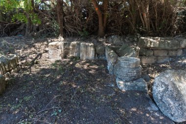 İsrail 'in kuzeyindeki Kiryat Tivon kenti yakınlarındaki Beit Shearim mezarlığı yakınlarında MS 2. yüzyıldan kalma sinagogun iç odalarının taş parçaları.