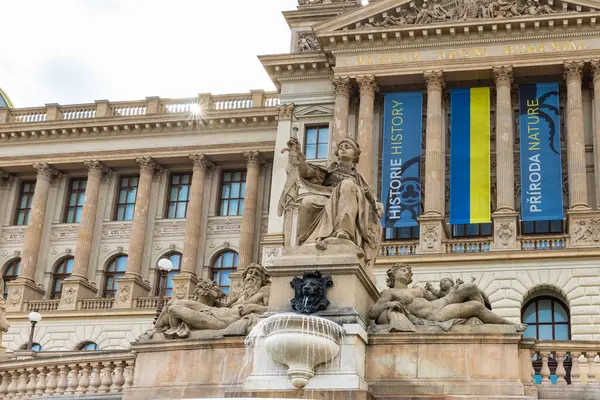 stock image Prague, Czech Republic, May 12, 2024 : Statue of Libushe on the facade of the Peoples Museum on the famous Wenceslas Square in Prague in Czech Republic