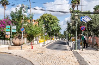 Zikhron Yaakov, Israel, September 19, 2024 : Main pedestrian HaMeyasdim street in historical district in Zikhron Yaakov city in the northern Israel clipart