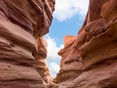 Kızıl Kanyon 'daki kızıl dağlar arasındaki dolambaçlı geçidin doğal ihtişamı İsrail' in güneyindeki Eilat kenti yakınlarındaki doğa koruma alanı.