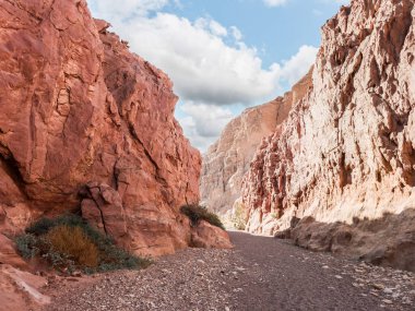 İsrail 'in güneyindeki Eilat şehrinin yakınlarındaki Kızıl Kanyon Doğa Rezervi' ndeki kızıl dağların eşsiz ihtişamı.