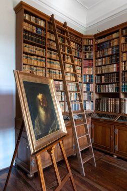 Prag, Çek Cumhuriyeti, 13 Mayıs 2024: Cesky Sternberk Şatosu 'ndaki çok sayıda kitapla ve Prag' dan arabayla birkaç saat uzaklıktaki Kale Kütüphanesi