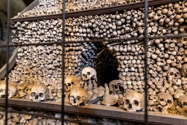 Kutna Hora, Çek Cumhuriyeti, 13 Mayıs 2024: Çek Cumhuriyeti 'nin Kutna Hora kentindeki Kostnice Sedlec Gotik Şapeli' nin ana salonundaki çok sayıda insan kemiği ve kafatası piramide istiflenmiş durumda