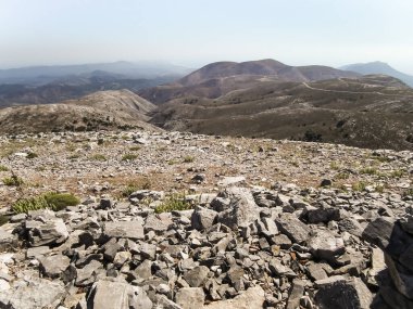 View from ruins of the Temple Attaviros Zeus on Mount Attavyros Atavbrion on highest point of surrounding area on Rhodes island in the Greece