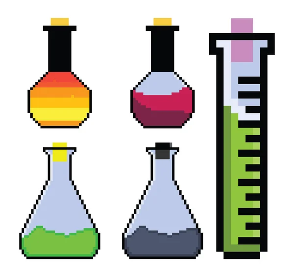 Pixel Art Test Tube Science Conjunto Píxeles Cristalería Laboratorio — Vector de stock