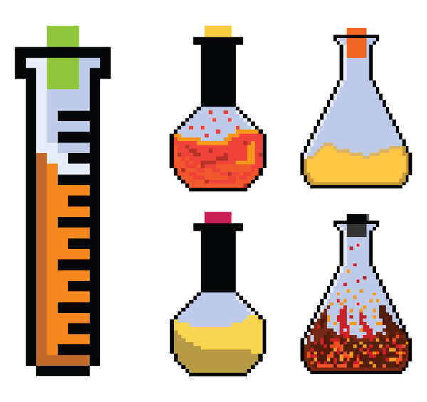 pixel art test tube, science Laboratory glassware pixel set.