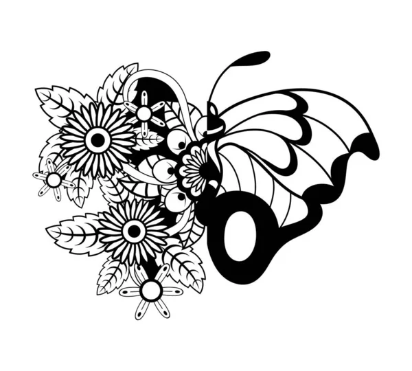 Flores Mariposa Floral Página Para Colorear Mariposa Para Niños — Vector de stock