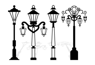 Sokak lambası vektörü ayarlandı. Lazer kesimi Retro sokak lambaları ve fener direkleri