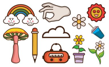 El çizilmiş 90 'ın Retro ögesi Clipart koleksiyon kümesi.