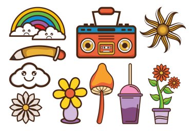 El çizilmiş 90 'ın Retro ögesi Clipart koleksiyon kümesi.