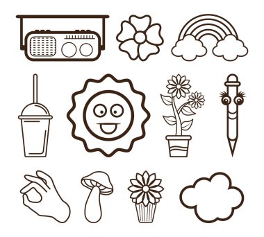 El çizilmiş 90 'ın Retro ögesi Clipart koleksiyon kümesi.