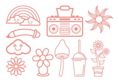 El çizilmiş 90 'ın Retro ögesi Clipart koleksiyon kümesi.