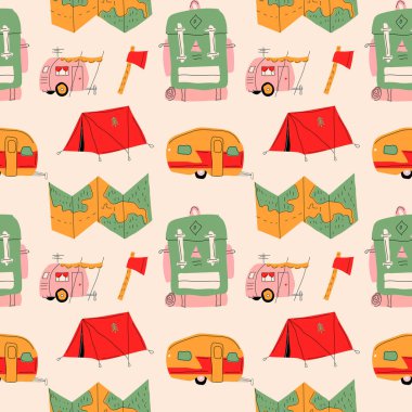 Concept camping Seamless pattern with doodles. Vector.Modern flat cartoon style.