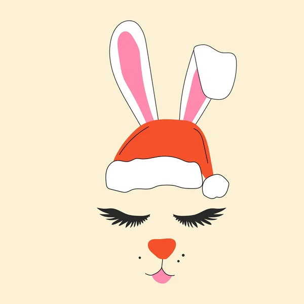 Das Gesicht Eines Niedlichen Weihnachtshasen Mit Weihnachtsmannhut Vector Cartoon Stil — Stockvektor