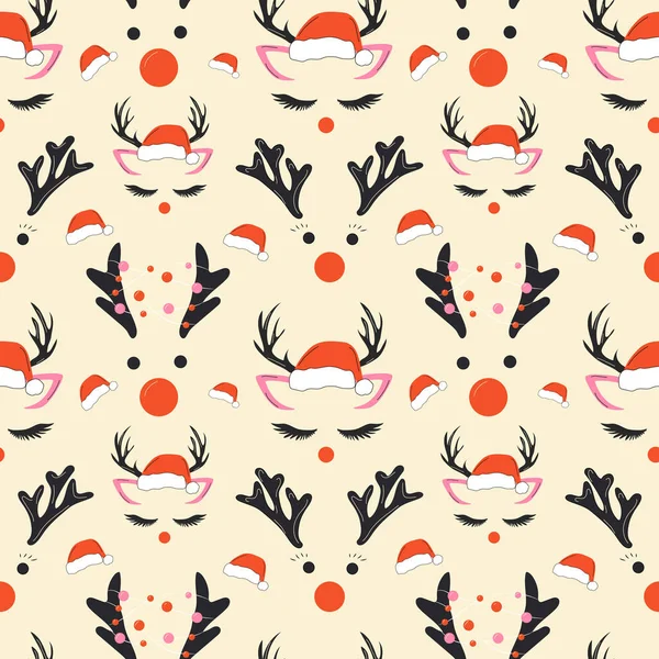 Seamless Pattern Set Faces Cute Christmas Deer Garland Vector Cartoon — Stock Vector