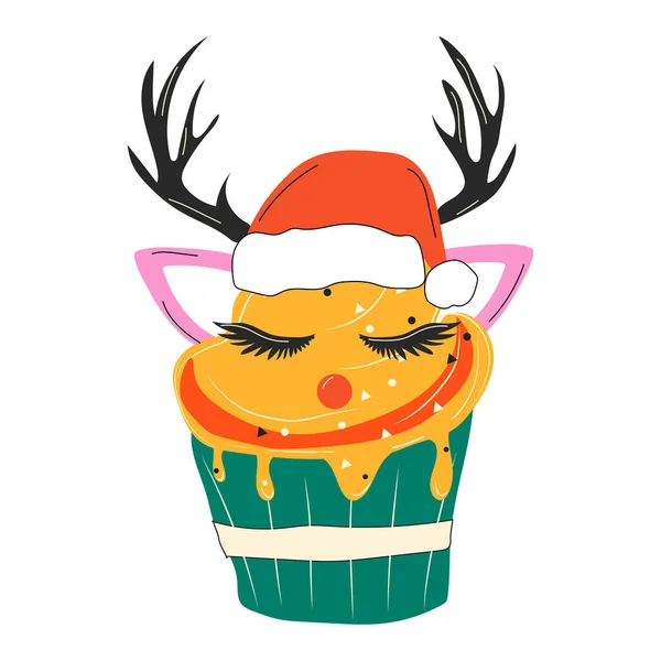 Cupcakes Des Gesichts Eines Niedlichen Weihnachtshirsches Flache Designvektorillustration Cartoon — Stockvektor