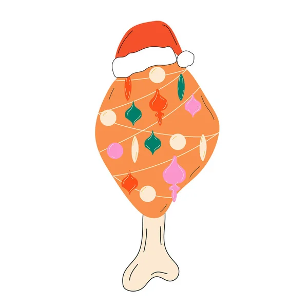 Une Cuisse Poulet Noël Festive Dans Chapeau Une Guirlande Père — Image vectorielle
