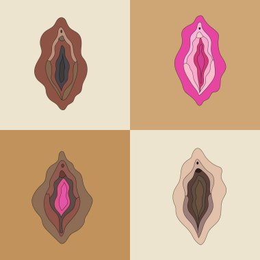 Set of different type of female labia. Illustrator a vagina.Vector in cartoon style. All elements are isolated clipart