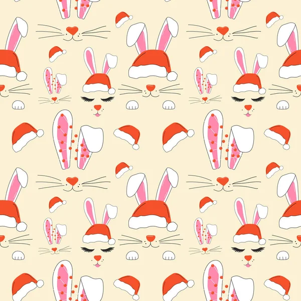 Patrón Sin Costuras Con Caras Lindo Conejo Navidad Con Una — Archivo Imágenes Vectoriales