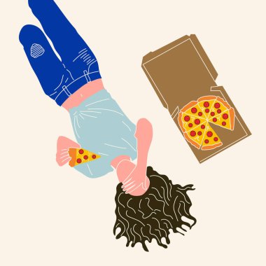 Ev istirahatı, evcil hayvan, boş zaman konsepti. Genç, mutlu kadın çizgi film karakteri ya da evde uzanmış pizza yiyen bir kız. Eğlence ve rahatlama yaşam tarzı illüstrasyonu