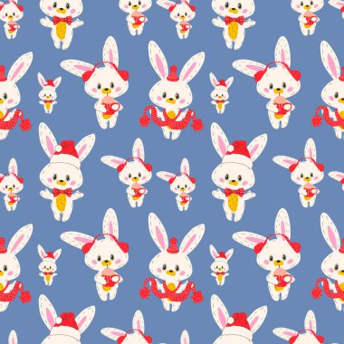 Şapkalı ve eşarplı şirin tavşanın kusursuz deseni. Maskot 2023. 