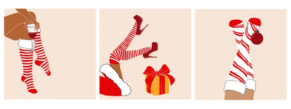 Ensemble Trois Jambes Femme Santa Avec Boule Noël Cadeau Vin — Image vectorielle
