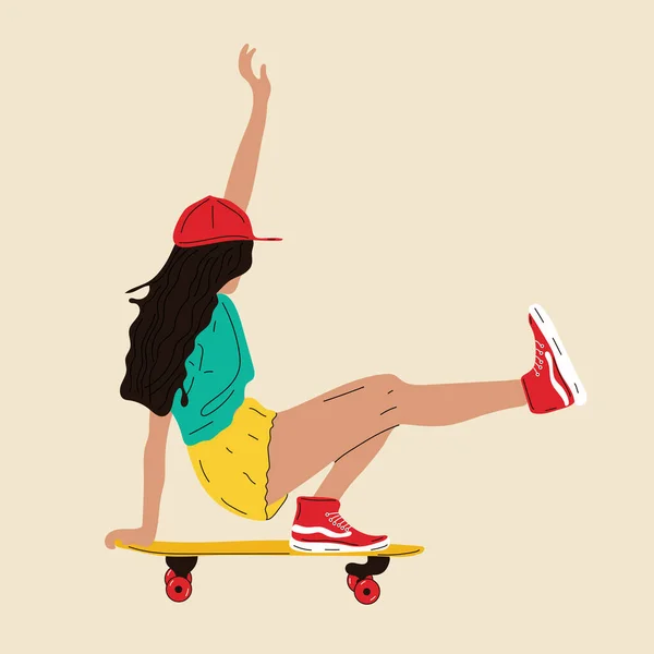 Mädchen Bord Mädchen Fahren Auf Skateboard Oder Longboard — Stockvektor