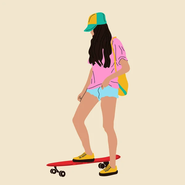 Una Chica Bordo Chica Paseo Monopatín Longboard Moda Adolescente — Vector de stock