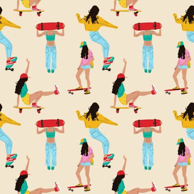 Kaykaycılarla kusursuz bir düzen. Kızlar kaykay ya da uzun sörf yapıyor.. 