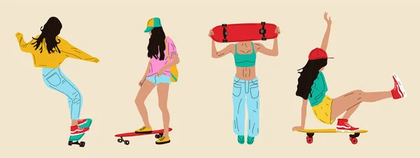スケートボーダーがセットになった スケートボードやロングボードで女の子サーフィン チラシ バナースポーツイベント スポーツ用品の梱包に使用されます 漫画フラットベクトルイラスト孤立オブジェクト — ストックベクタ