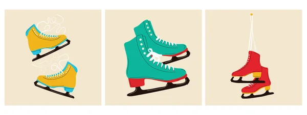 一套三款彩色冰鞋 用于冬季花样滑冰 现代古董店矢量说明 — 图库矢量图片