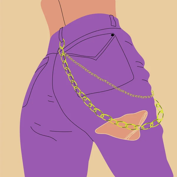 デニムパンツに身を包んだ美しいスリム女性 鎖でジーンズをリッピング 腰が高い 手描きベクトルカラートレンディーなファッションイラスト スタンプの質感 バックビュー — ストックベクタ