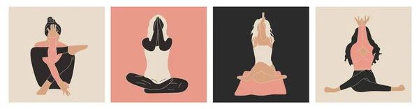 一组四个女人练习瑜伽和冥想 一组女孩在打瞌睡时摆姿势 冥想对身心都有好处 矢量说明 — 图库矢量图片