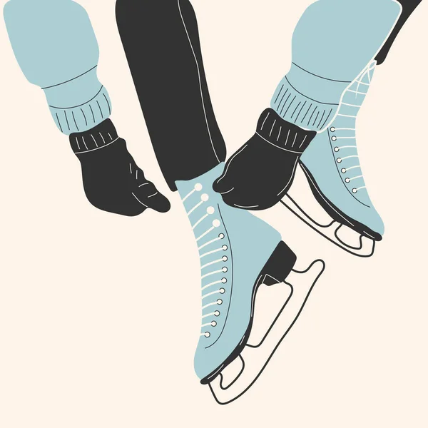 Girls Gloves Puts Pair White Ice Skates Figure Skating Women — Stock Vector