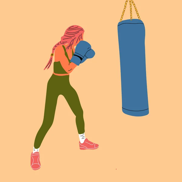 Kvinna Boxningshandskar Poserar Boxningssäck Sportkläder Flickkraftskoncept Tecknad Vektor Illustration — Stock vektor