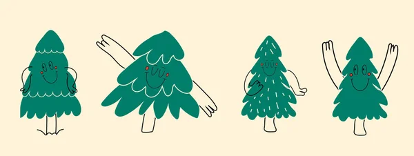 顔の感情 手や足を持つクリスマスツリーの様々な緑のセット 手は子供のための流行を描いた かわいい面白いキャラクター すべての要素は隔離され — ストックベクタ