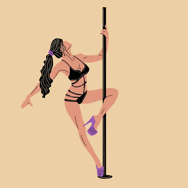 黒のレオタードの若いポールダンスの女性 背景に隔離された漫画スタイルのベクトルイラスト 若くてスリムで美しいポールダンサー — ストックベクタ