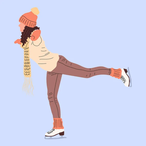 若い女性はアイスリンクでスケートをします スケーターの女の子 フィギュアスケートに従事する女の子 積極的なライフスタイルと健康的なケア カラーフラット漫画ベクトルイラスト 冬の楽しいスポーツ活動 — ストックベクタ