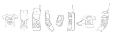 İletişim hattı çiziminin vektör vintage araçları. Retro siyah beyaz koleksiyon eski telefonlar