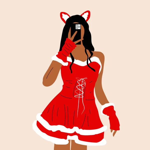 Дівчина Одягнена Сексуальну Різдвяну Сукню Бере Селфі — стоковий вектор
