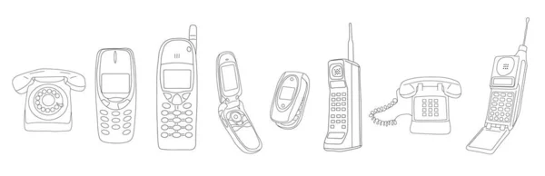 ベクトルヴィンテージ通信ライン描画セットの手段 レトロ黒と白のコレクション古い携帯電話 — ストックベクタ