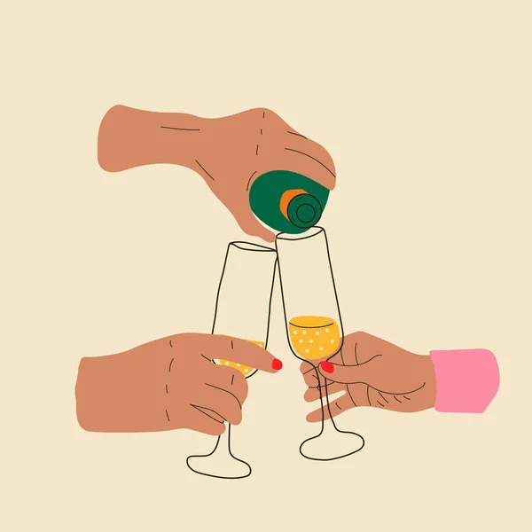 Mãos Das Pessoas Estão Rachando Por Copos Vinho Com Champanhe — Vetor de Stock