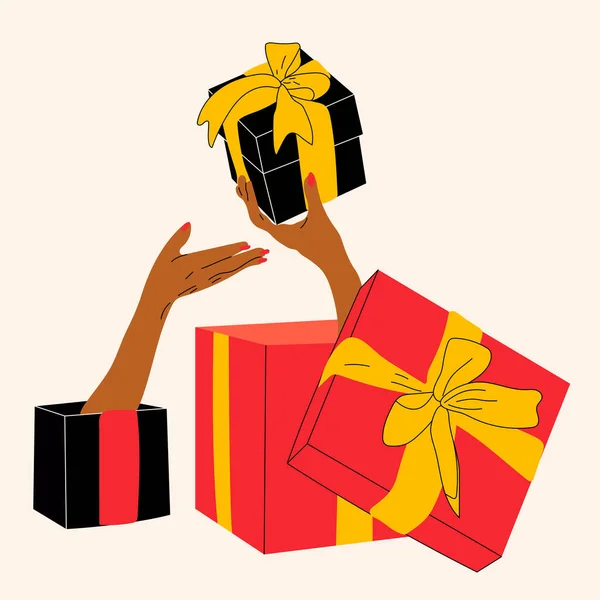 Mains Tenant Boîte Cadeau Décorée Avec Illustration Vectorielle Arc Promotions — Image vectorielle